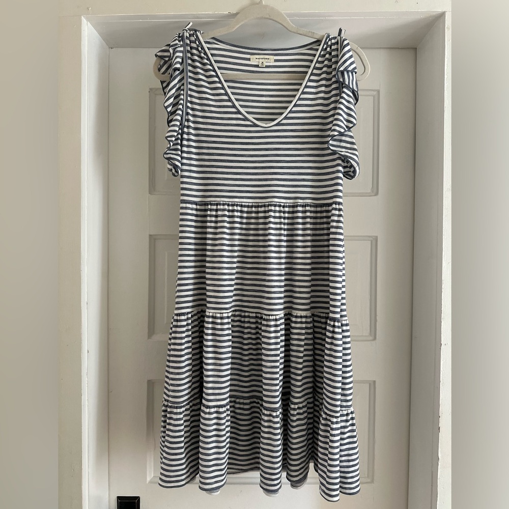 MAX STUDIO | Navy and White Striped Dress with Flutter Sleeves